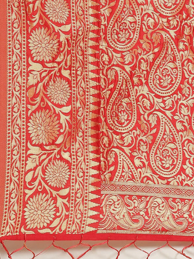 Red Woven Design Brocade Saree - ShopLibas