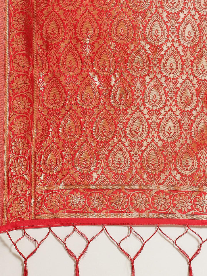 Red Woven Design Brocade Saree - ShopLibas