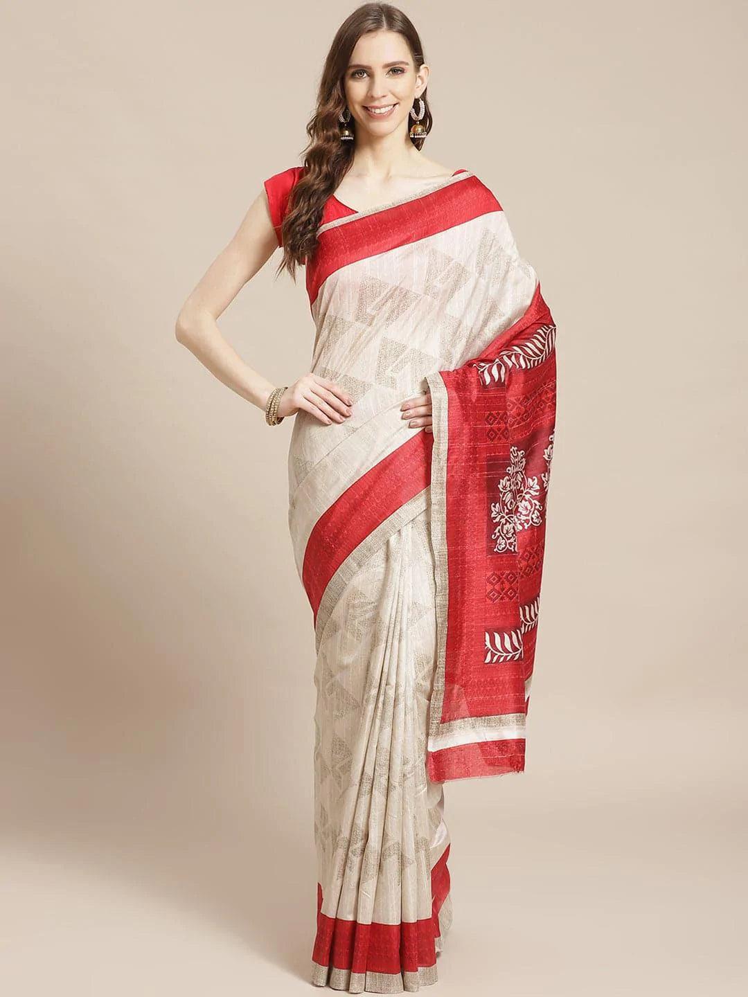 Beige Printed Cotton Silk Saree - ShopLibas