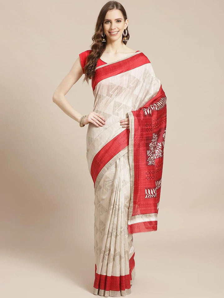 Beige Printed Cotton Silk Saree - ShopLibas