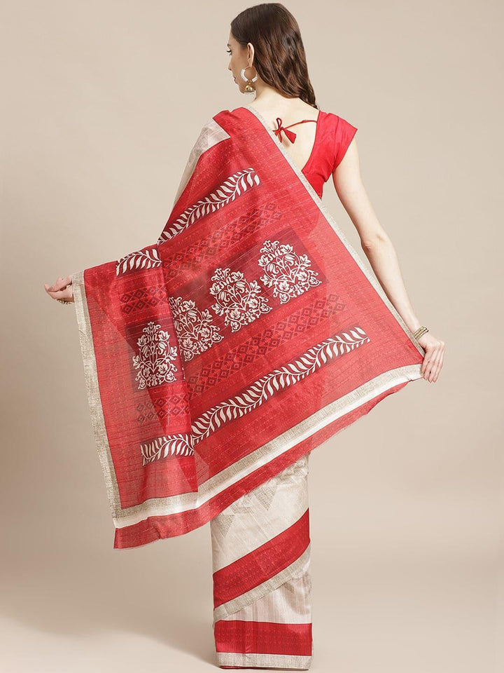 Beige Printed Cotton Silk Saree - ShopLibas