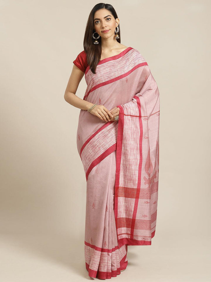 Pink Printed Cotton Silk Saree - ShopLibas