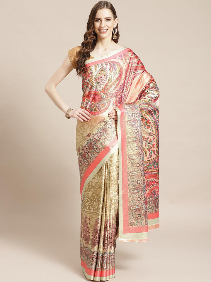 Peach Printed Satin Saree