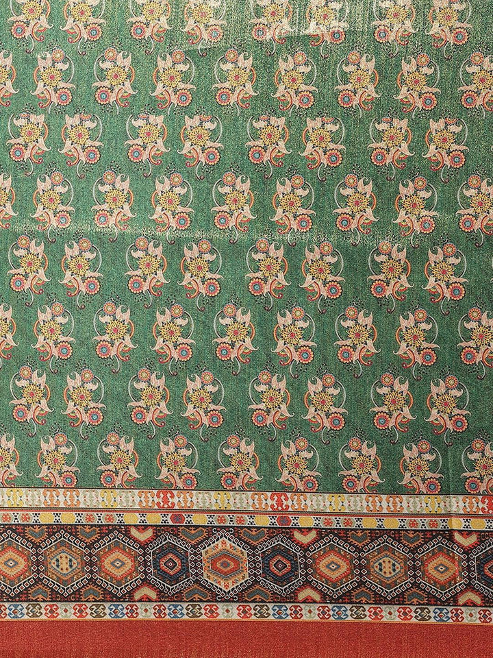 Green Printed Satin Saree - ShopLibas
