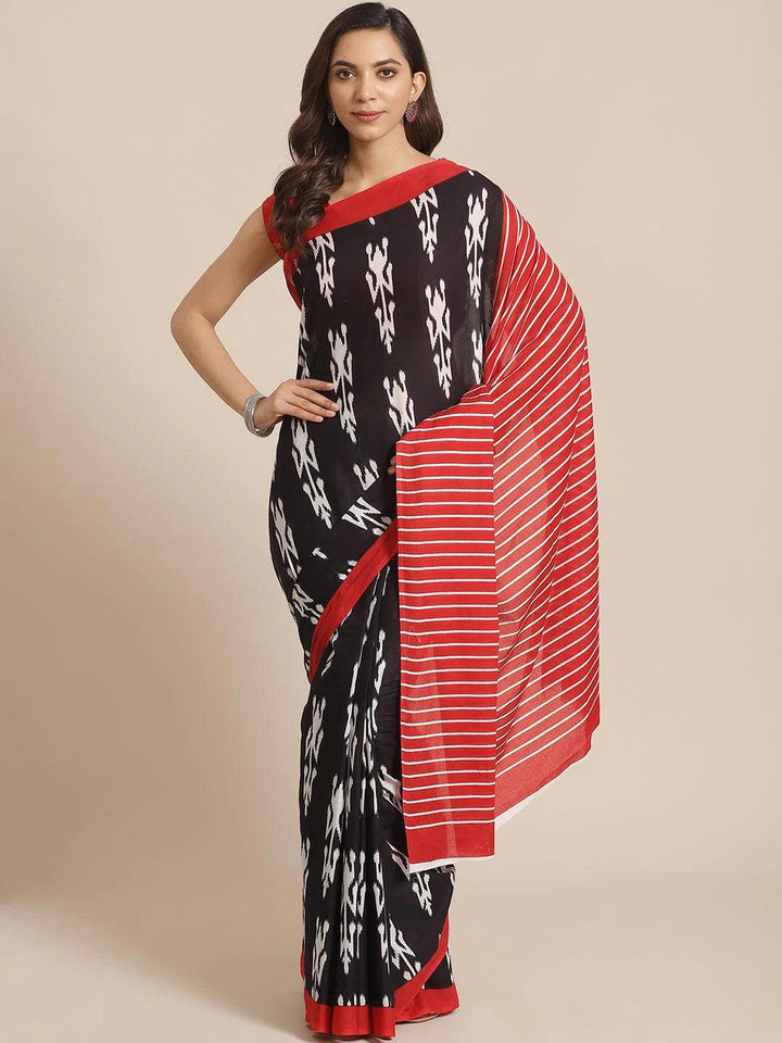 Black Printed Cotton Saree - ShopLibas
