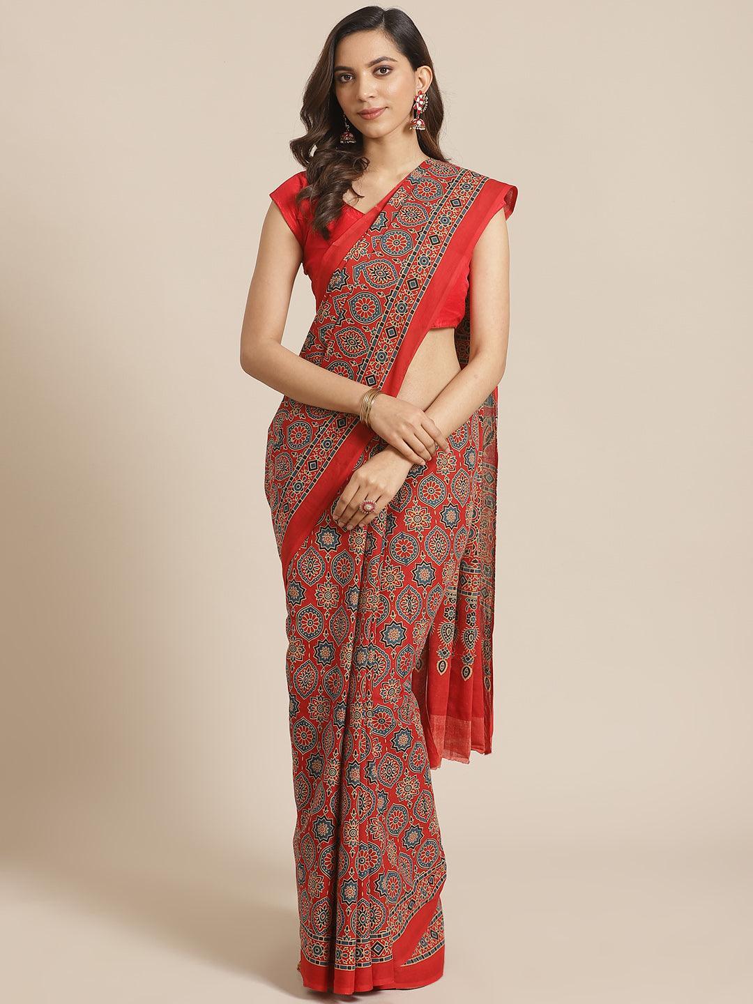 Red Printed Cotton Saree - ShopLibas