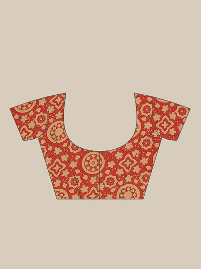 Red Printed Cotton Saree - ShopLibas