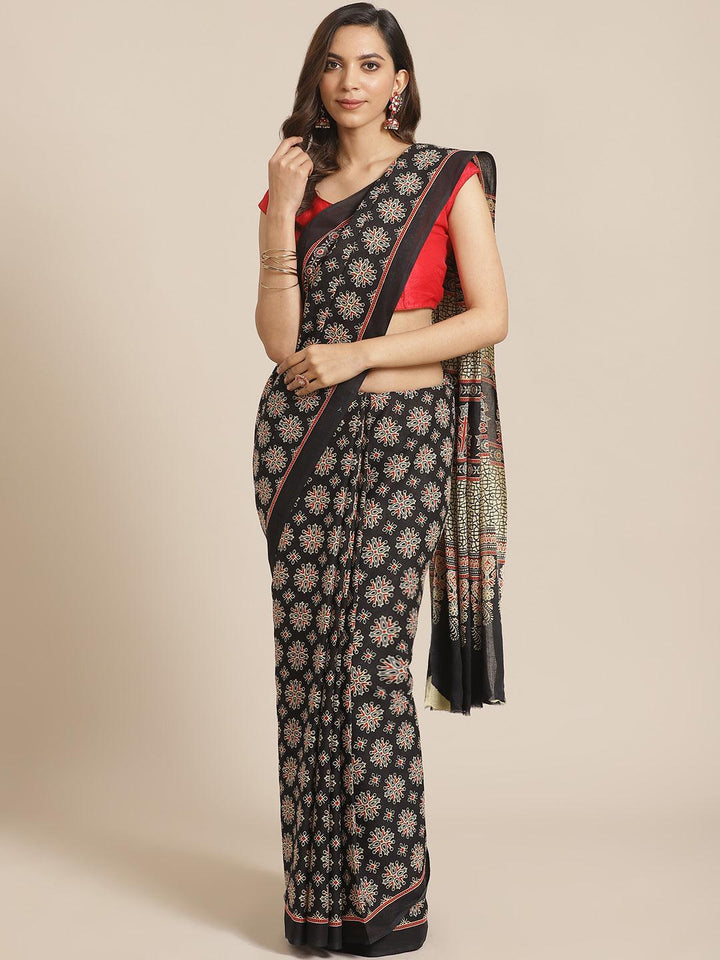 Black Printed Cotton Saree - ShopLibas