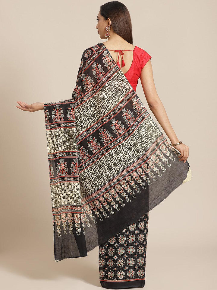Black Printed Cotton Saree - ShopLibas