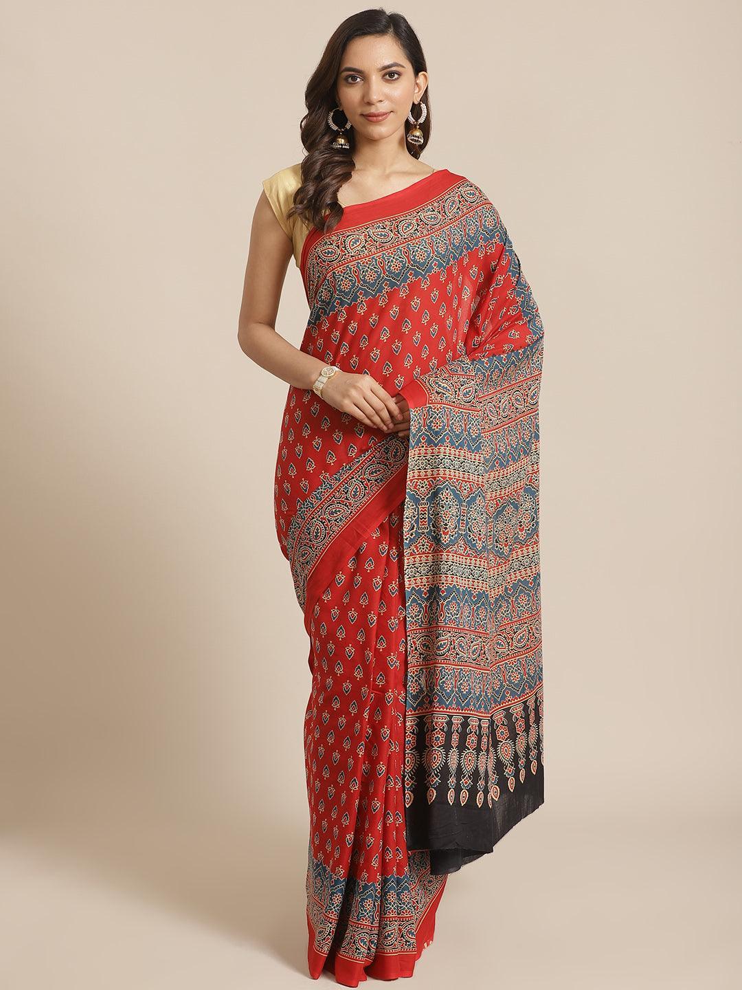 Red Printed Cotton Saree - ShopLibas