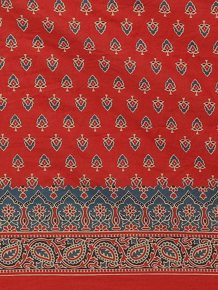 Red Printed Cotton Saree - ShopLibas