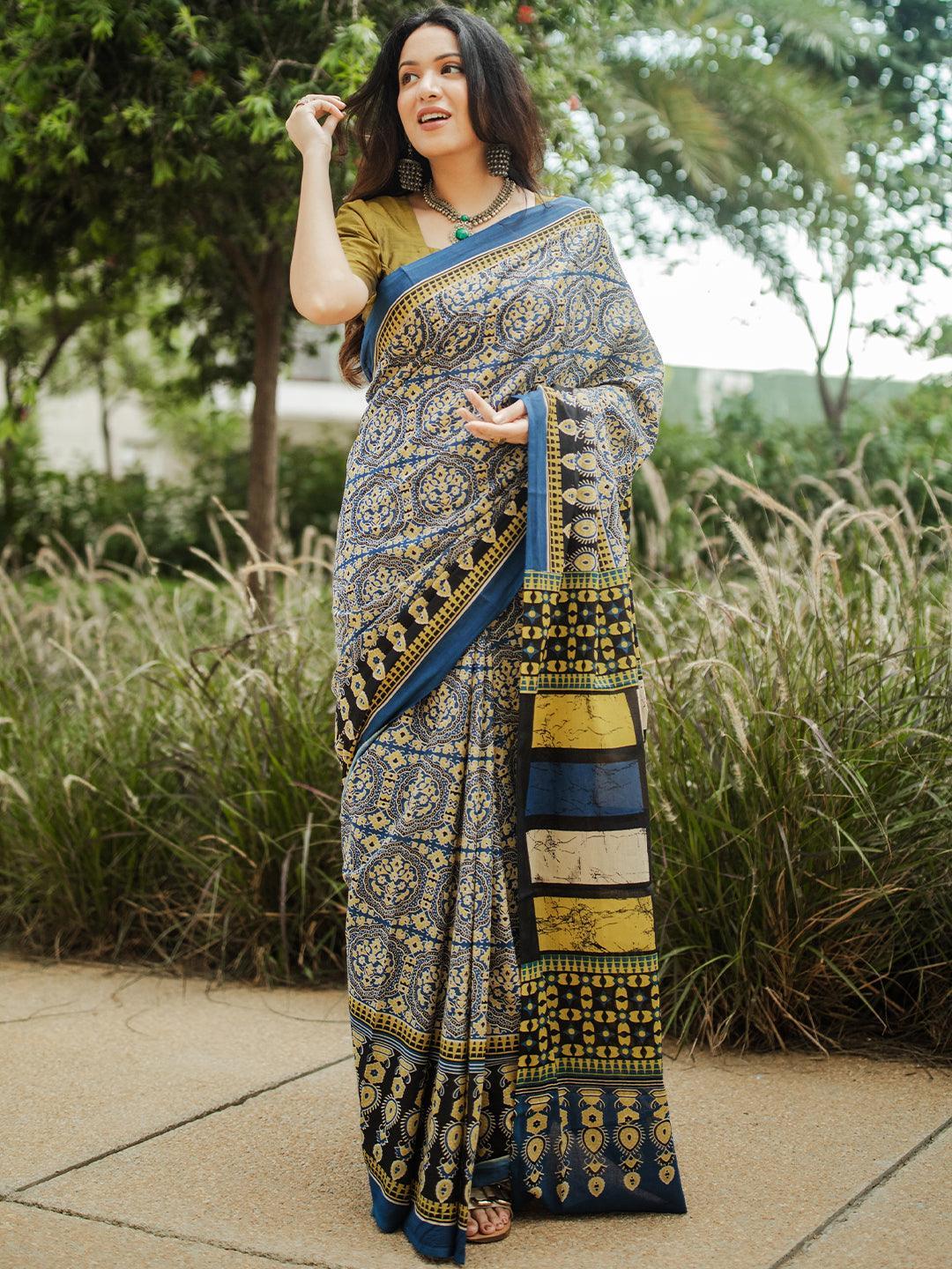 Blue Printed Cotton Saree - ShopLibas