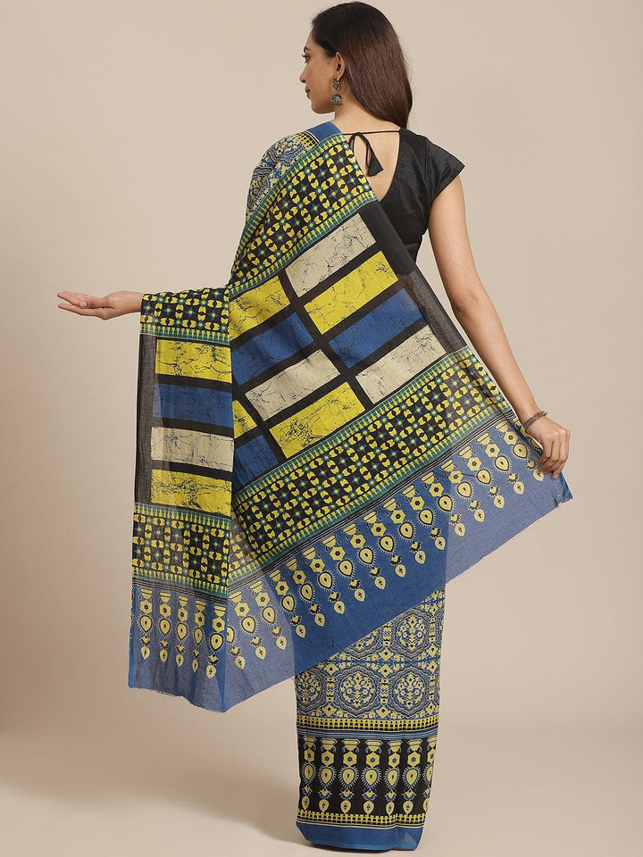 Blue Printed Cotton Saree - ShopLibas