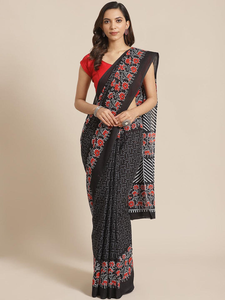 Black Printed Cotton Saree - ShopLibas