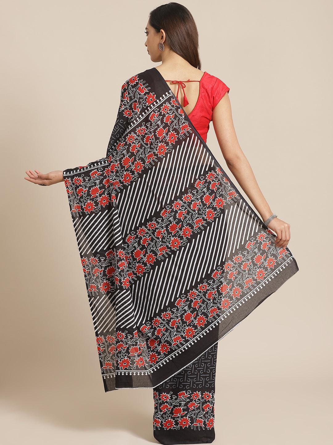 Black Printed Cotton Saree - ShopLibas