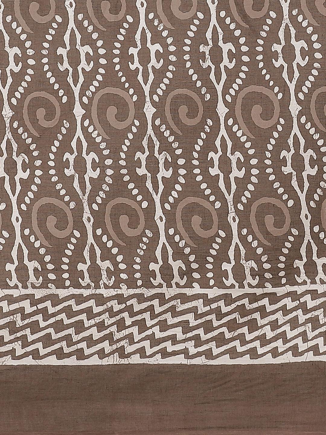 Brown Printed Cotton Saree - ShopLibas