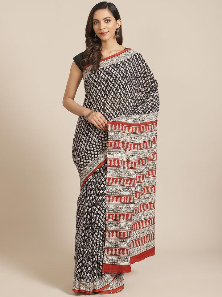 Black Printed Cotton Saree - ShopLibas