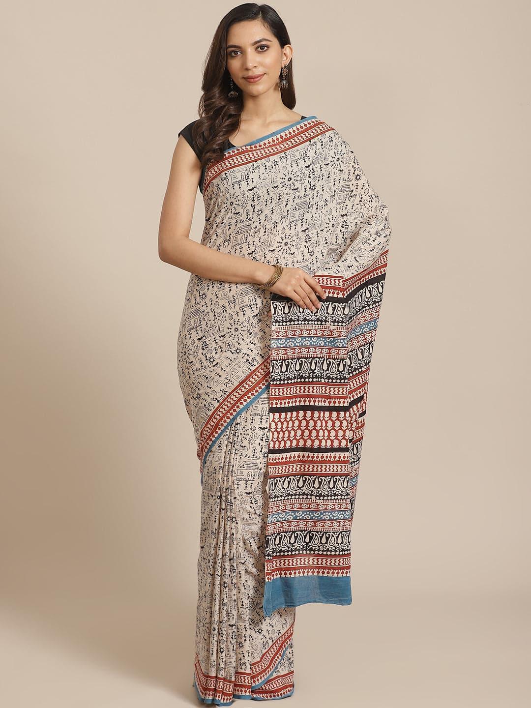 Beige Printed Cotton Saree - ShopLibas