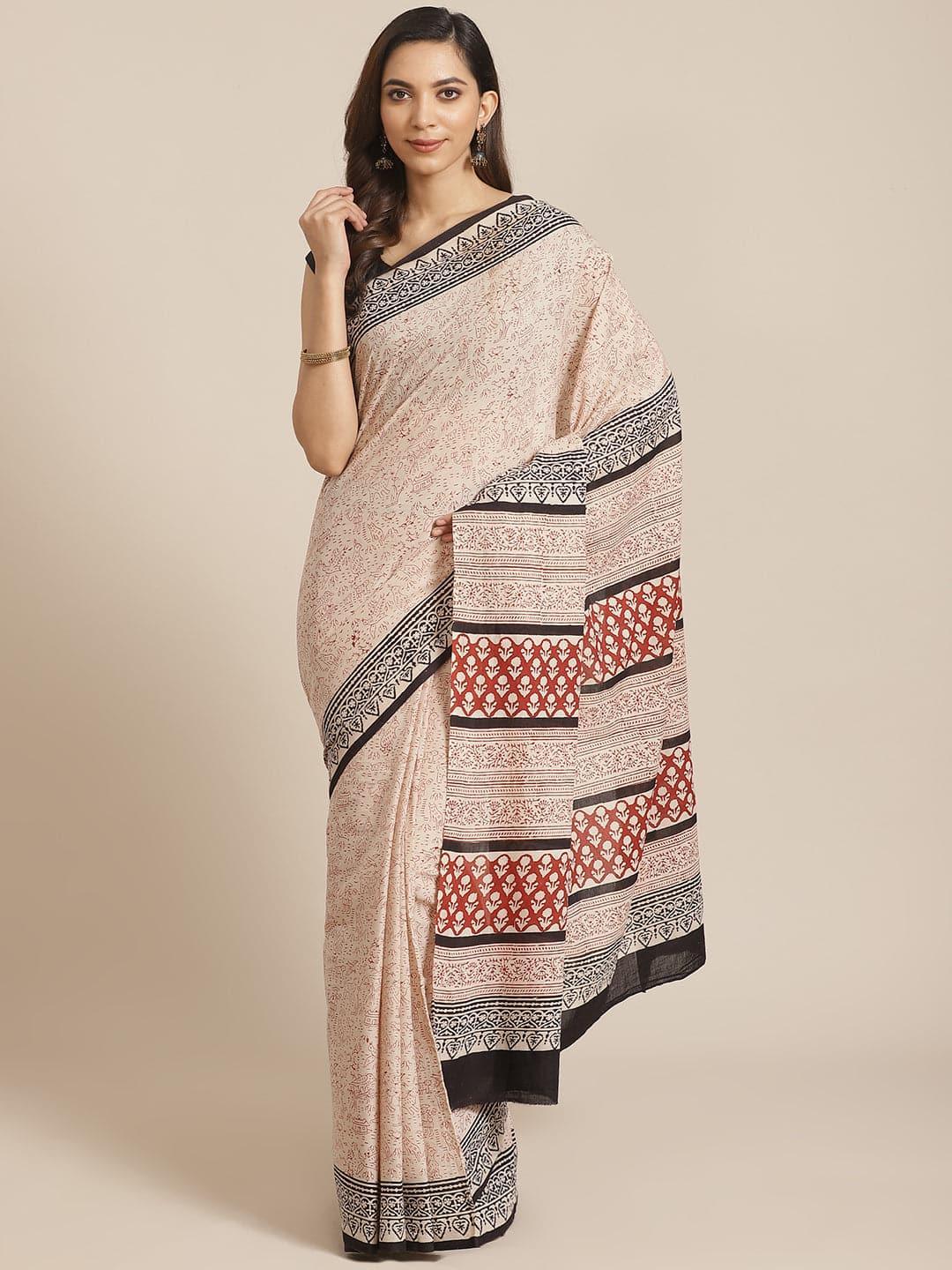 Beige Printed Cotton Saree - ShopLibas