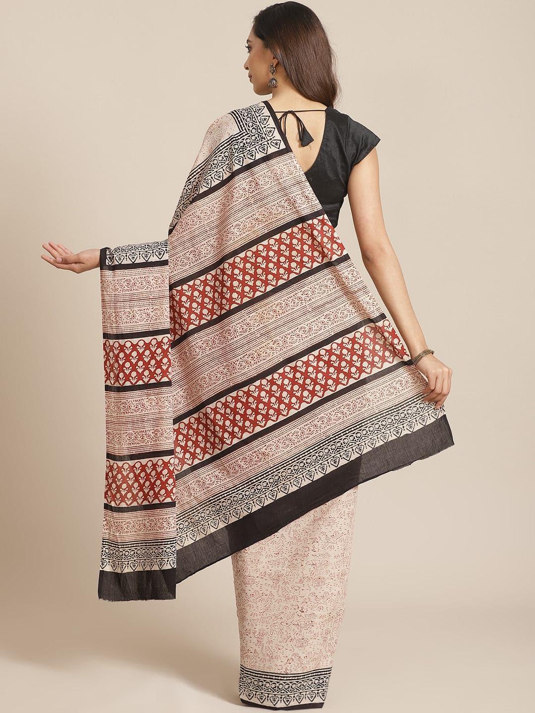 Beige Printed Cotton Saree - ShopLibas