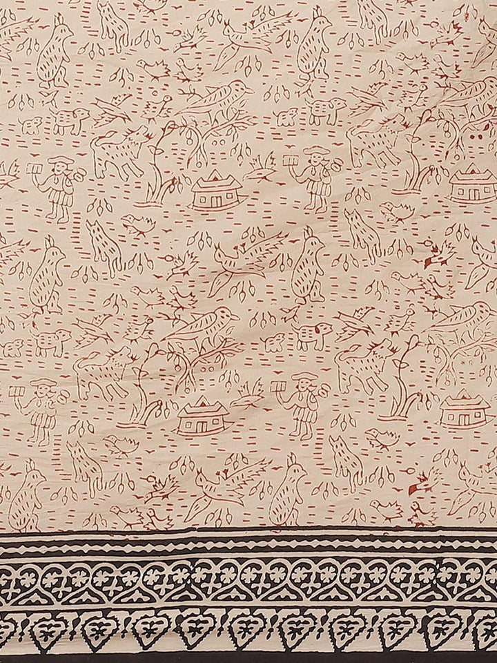 Beige Printed Cotton Saree - ShopLibas