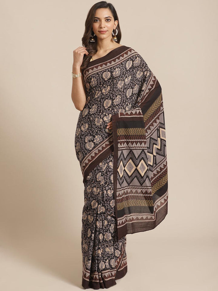Black Printed Cotton Saree - ShopLibas