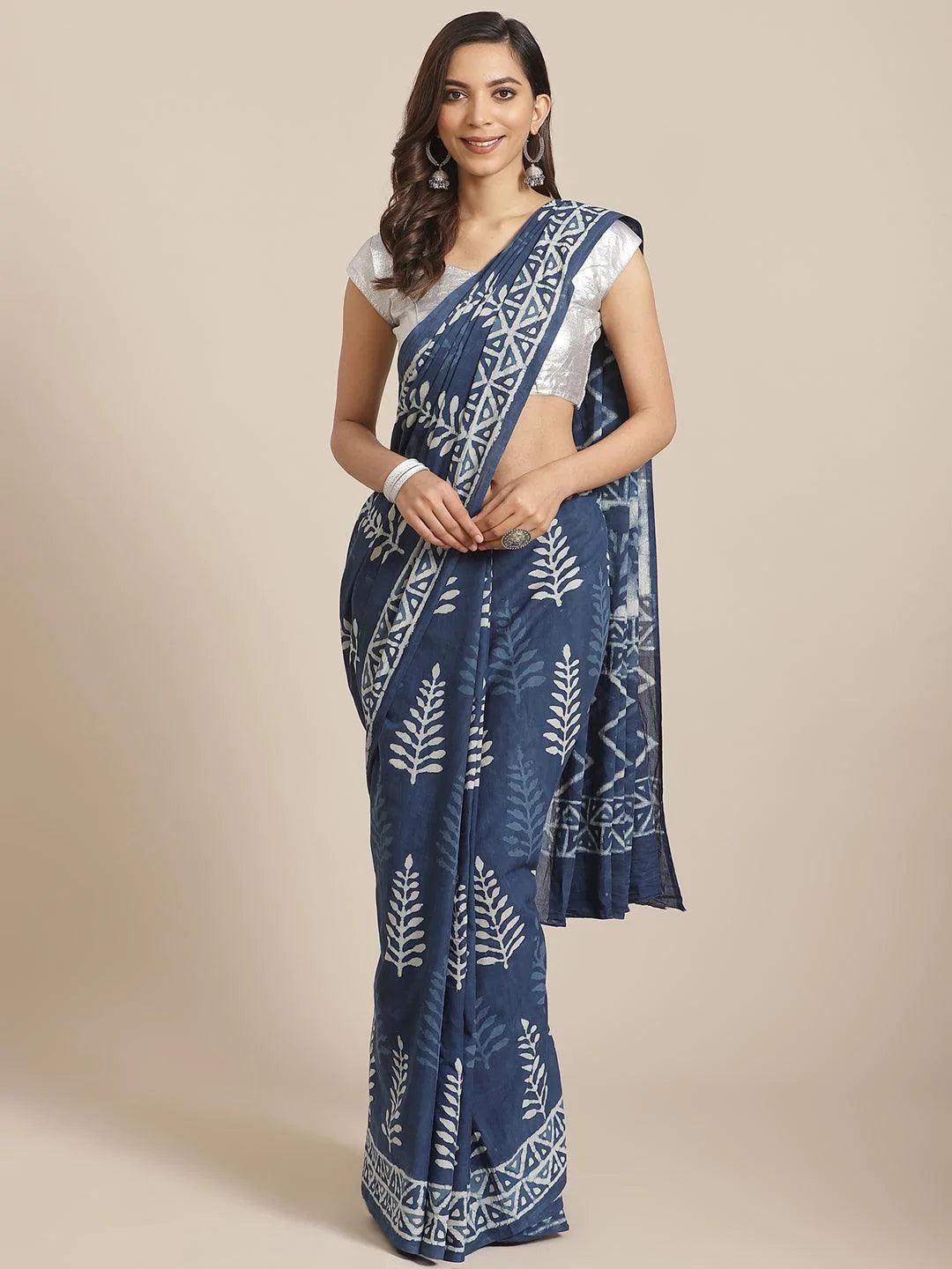 Blue Printed Cotton Saree - ShopLibas