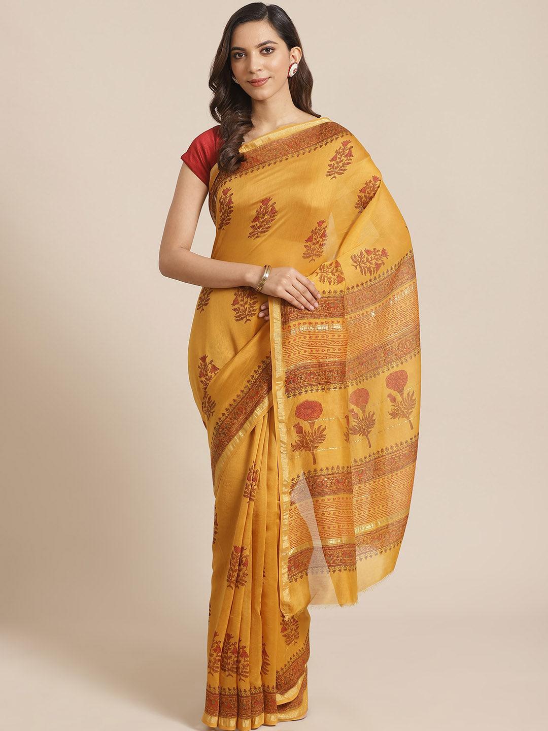 Yellow Printed Cotton Silk Saree - ShopLibas