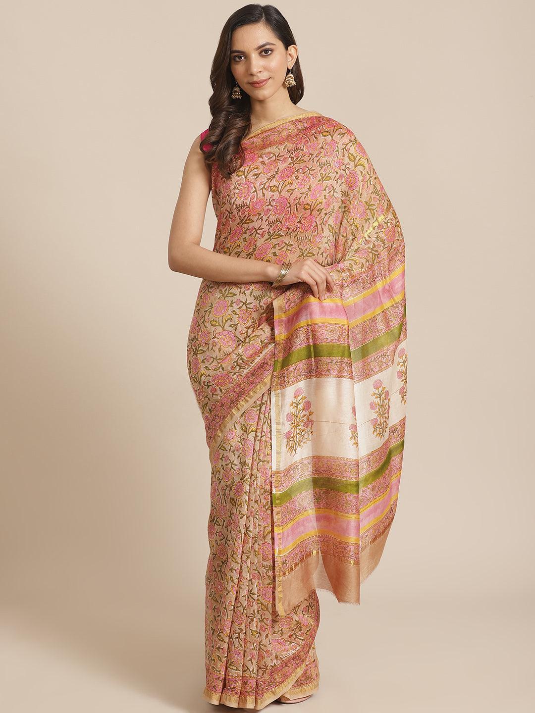 Pink Printed Cotton Silk Saree - ShopLibas