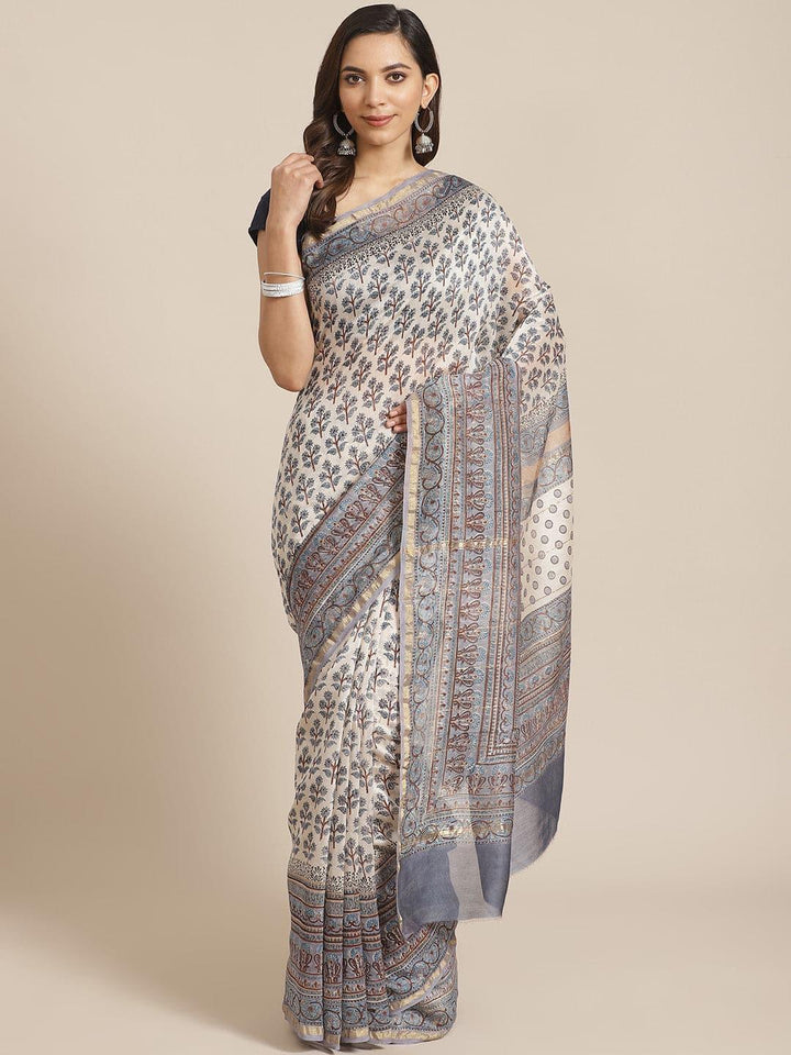 Off White Printed Cotton Silk Saree - ShopLibas