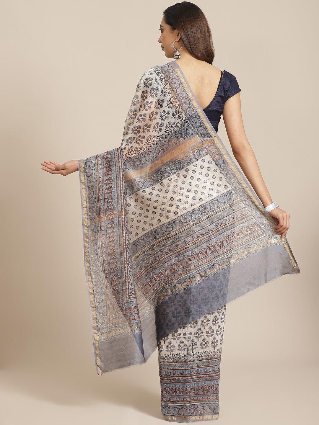 Off White Printed Cotton Silk Saree - ShopLibas