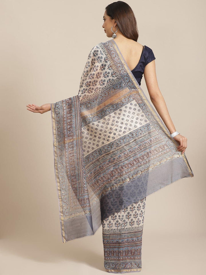 Off White Printed Cotton Silk Saree - ShopLibas