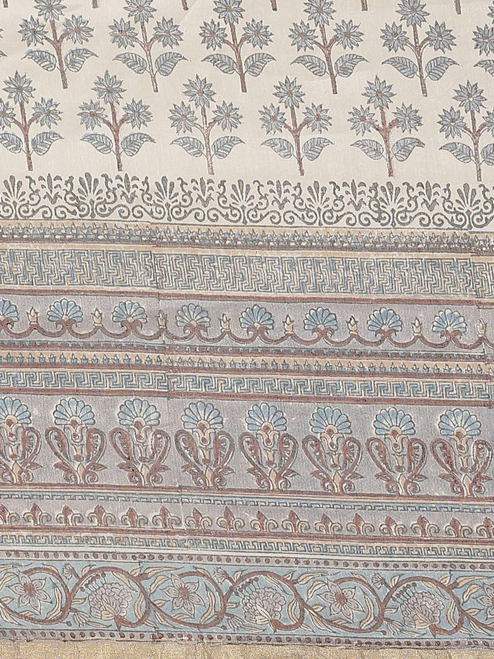 Off White Printed Cotton Silk Saree - ShopLibas