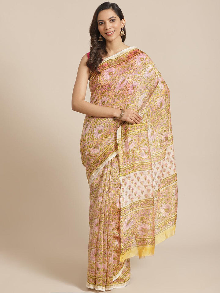 Yellow Printed Cotton Silk Saree - ShopLibas