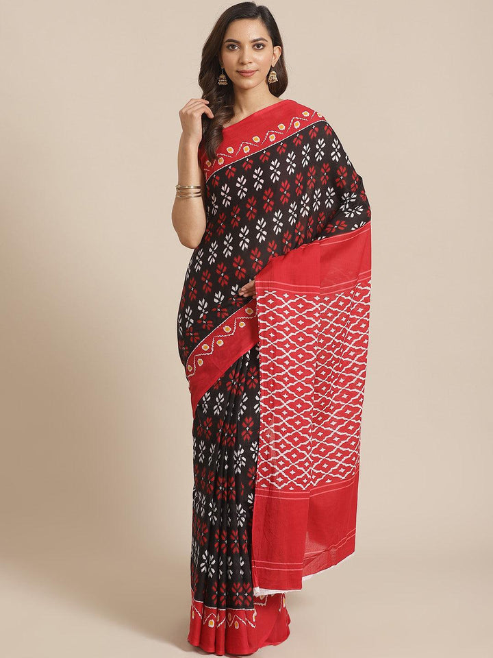 Black Printed Cotton Saree - ShopLibas