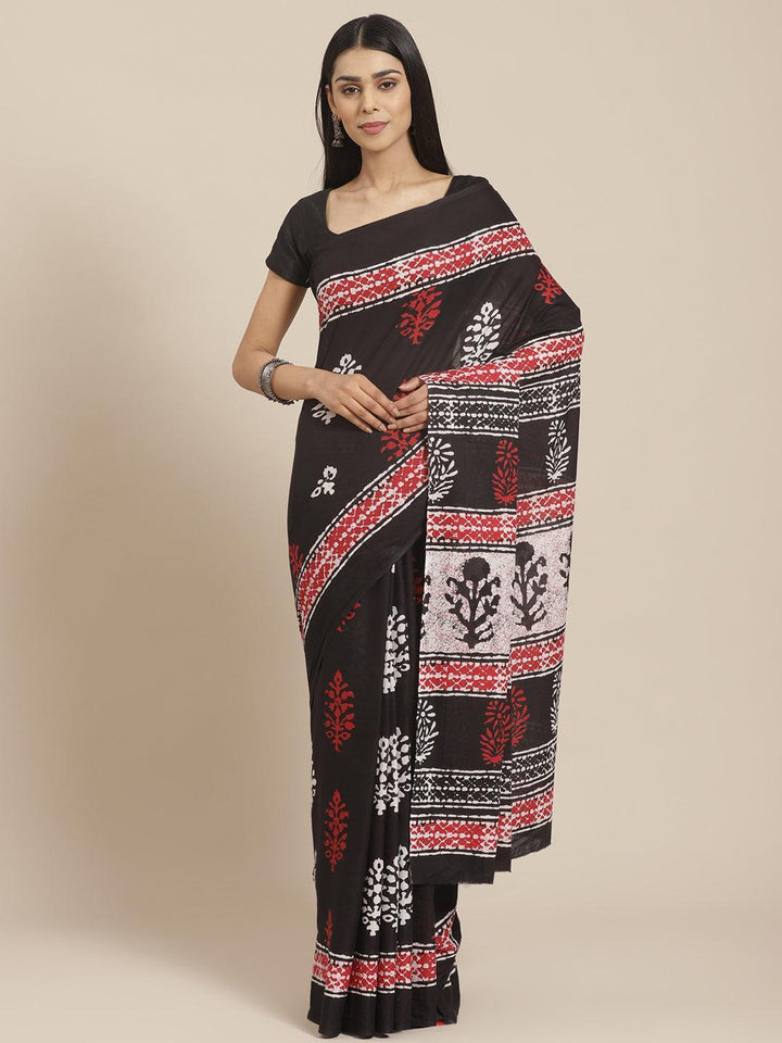Black Printed Cotton Saree - ShopLibas