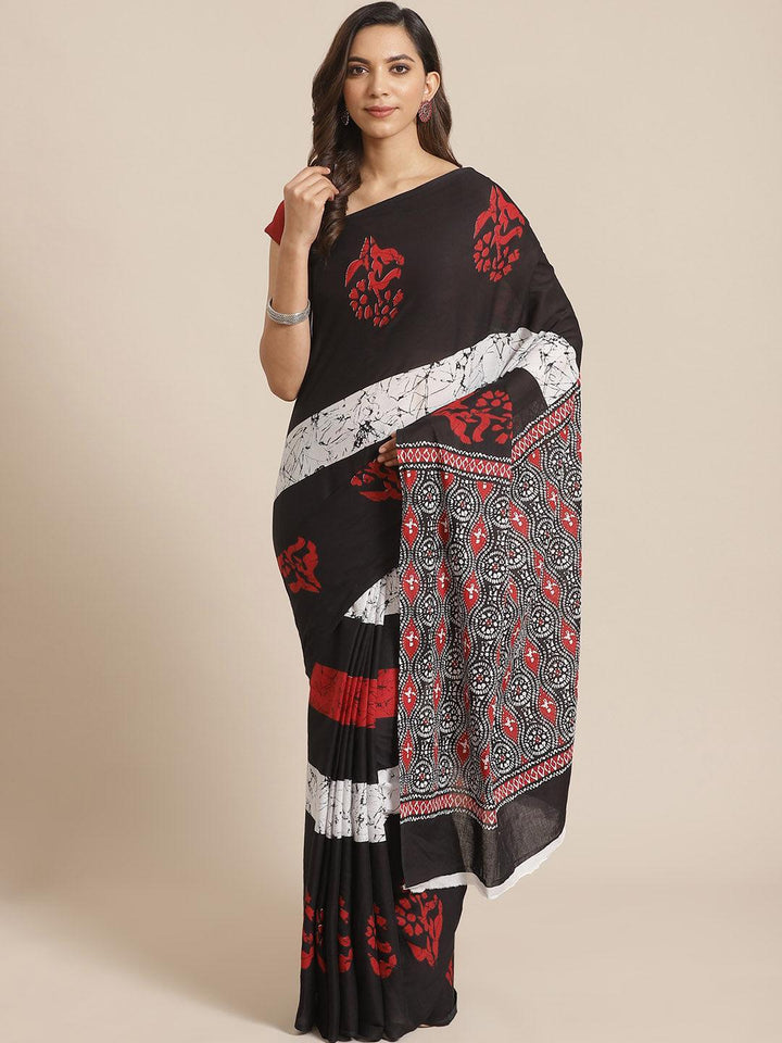 Black Printed Cotton Saree - ShopLibas
