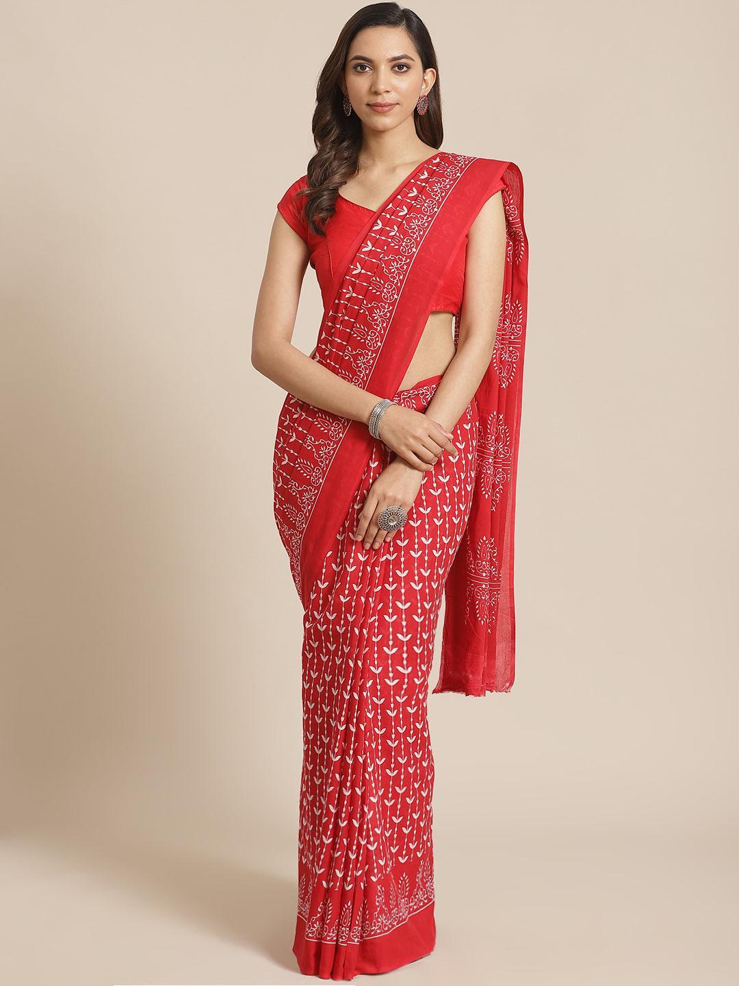 Red Printed Cotton Saree - ShopLibas