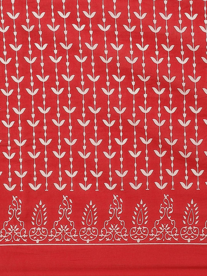 Red Printed Cotton Saree - ShopLibas