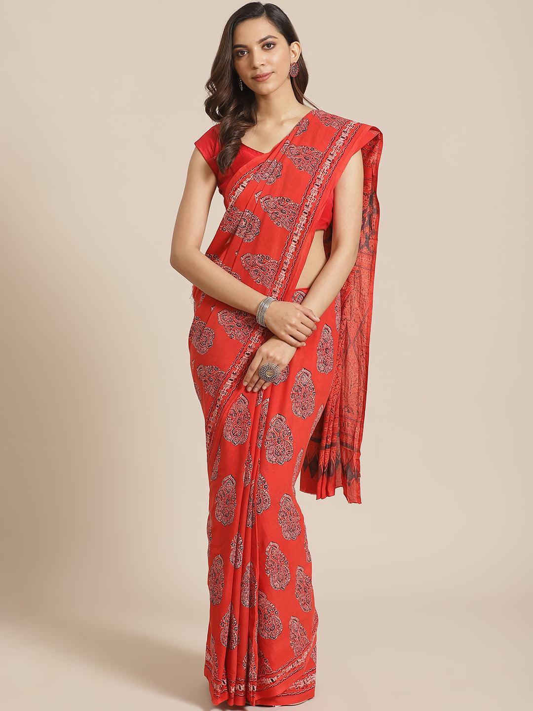 Red Printed Cotton Saree - ShopLibas