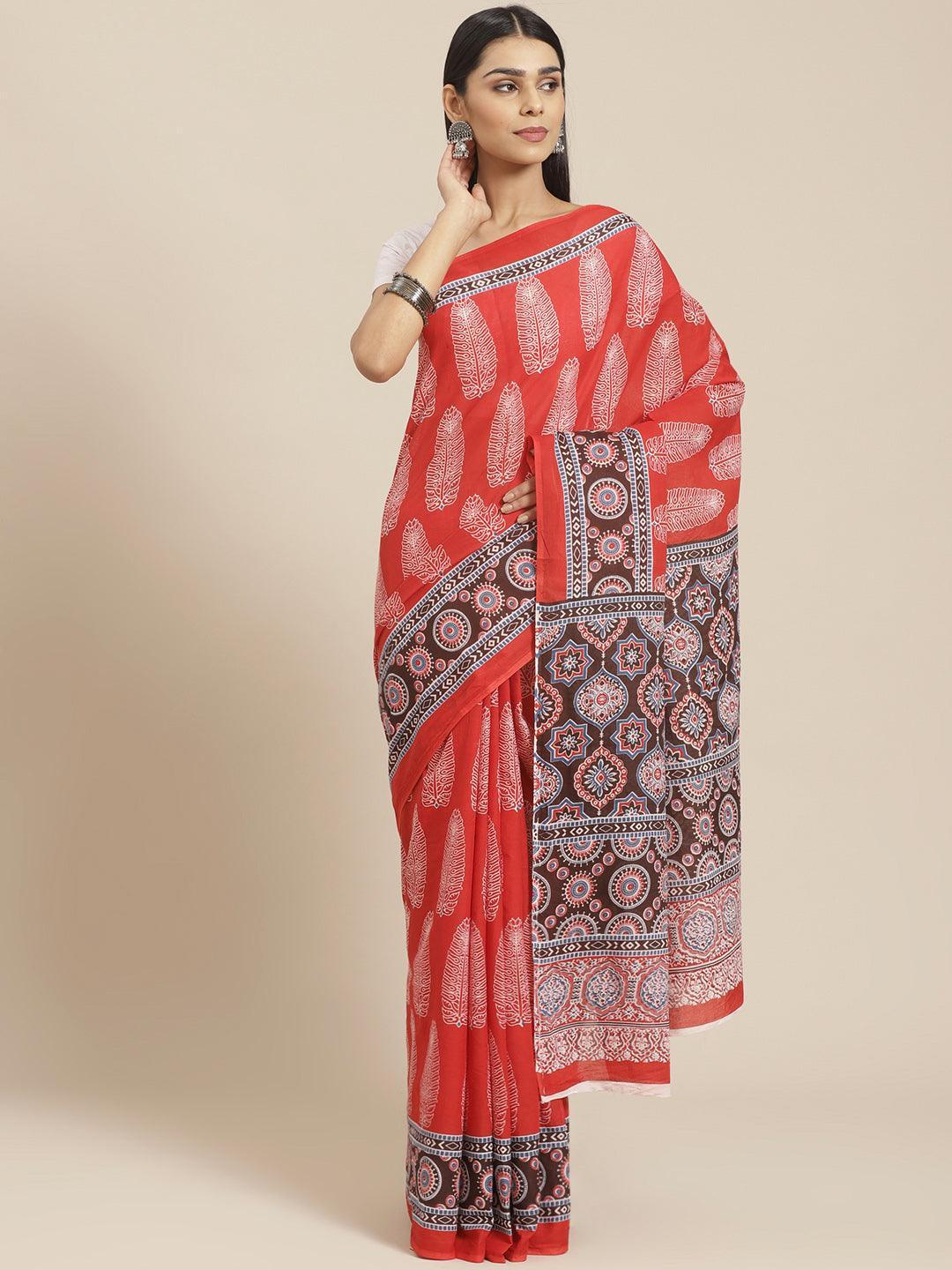 Red Printed Cotton Saree - ShopLibas