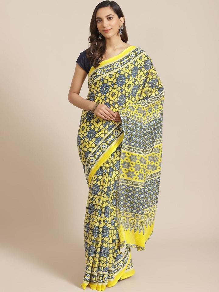 Yellow Printed Cotton Saree - ShopLibas