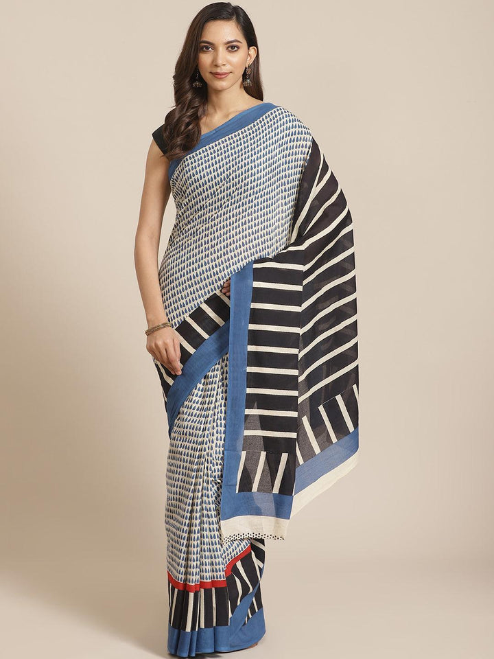 Off White Striped Cotton Saree - ShopLibas