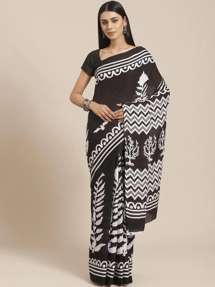 Black Printed Cotton Saree - ShopLibas