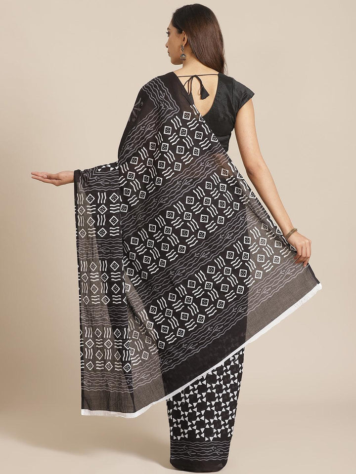 Black Printed Cotton Saree - ShopLibas