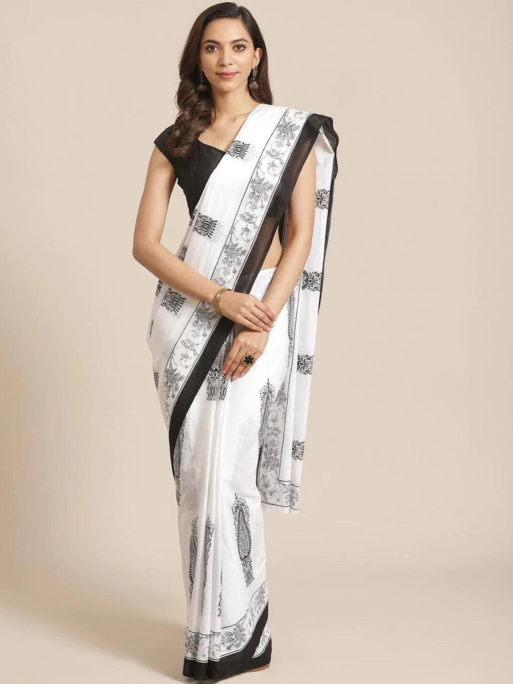 White Printed Cotton Saree - ShopLibas