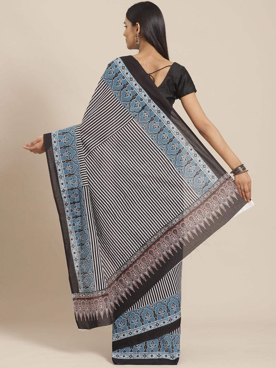 Black Striped Cotton Saree - ShopLibas