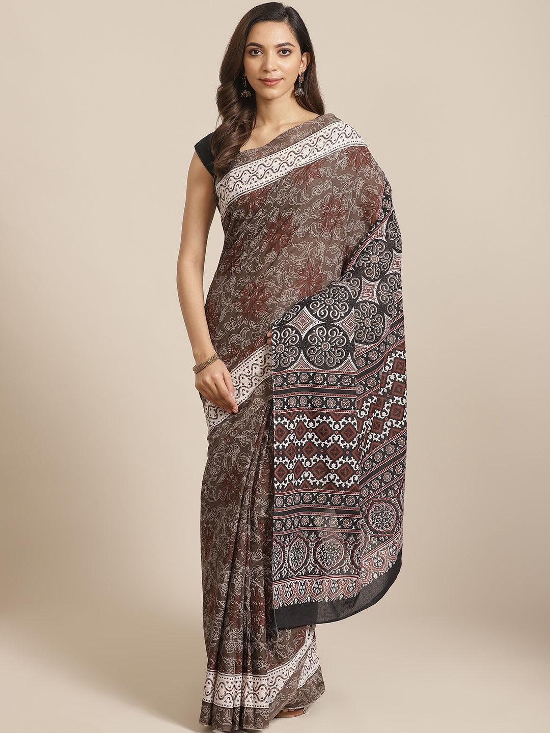 Brown Printed Cotton Saree - ShopLibas