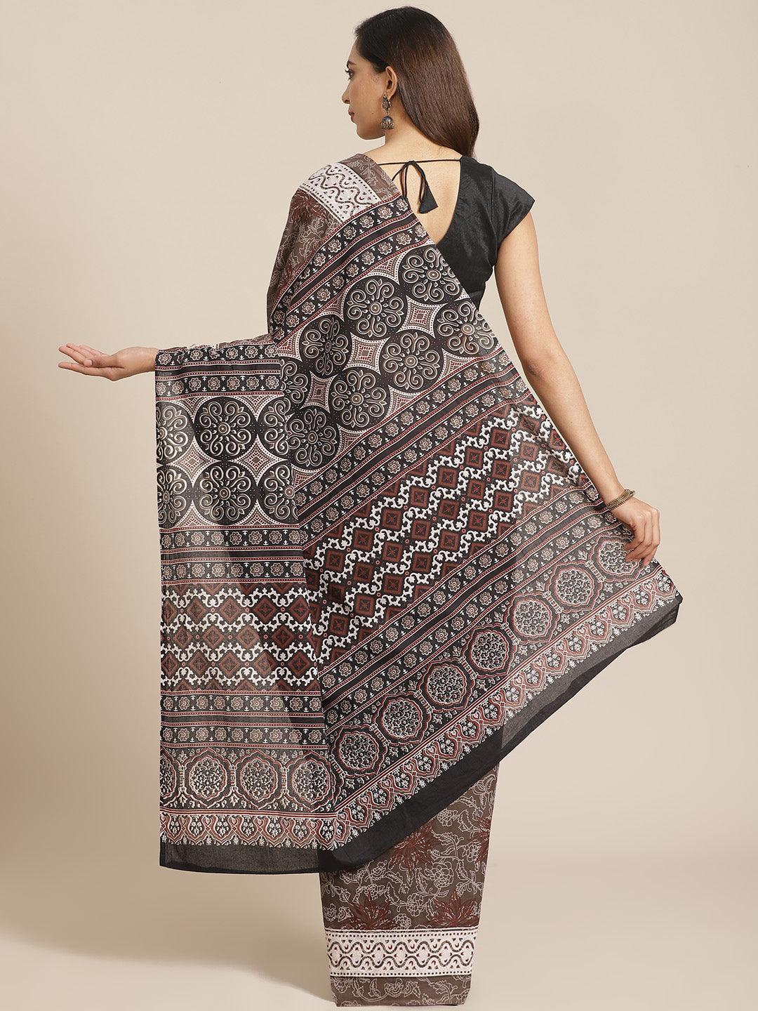 Brown Printed Cotton Saree - ShopLibas