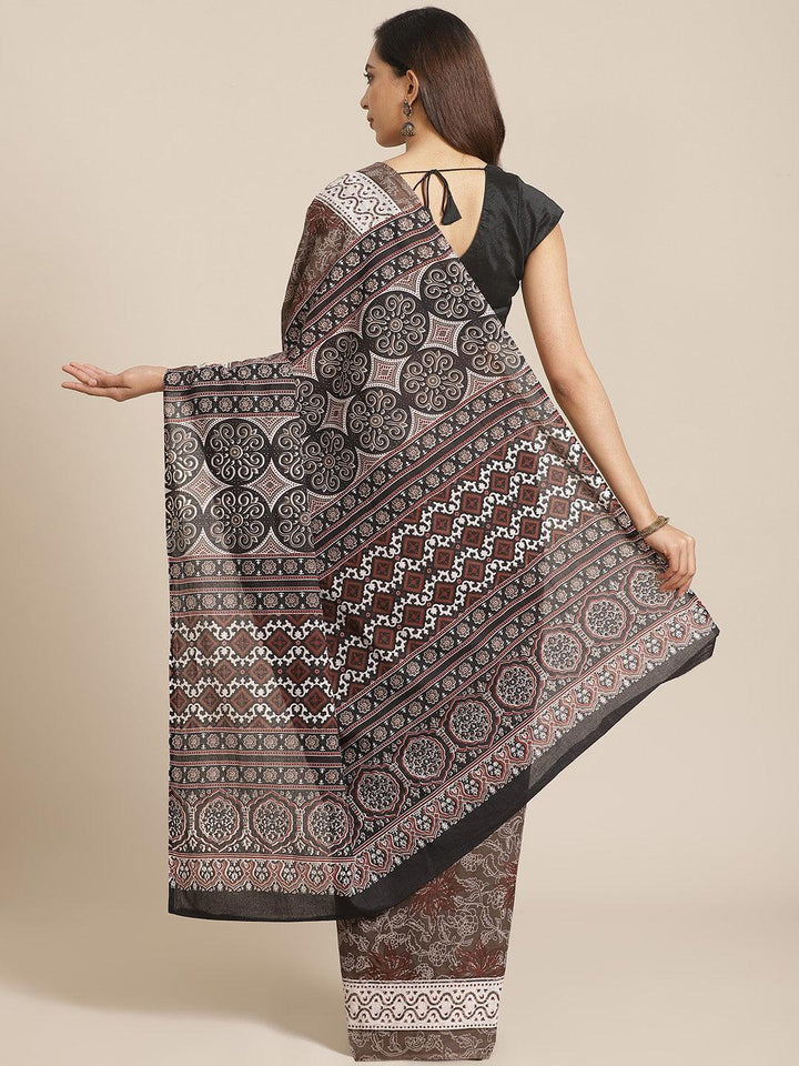 Brown Printed Cotton Saree - ShopLibas